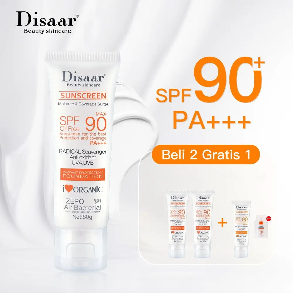 Disaar SPF 90 Sunscreen Badan Wajah UV Protection 40g 80g - Mengandung Filter UVA & UVB untuk Melindungi Kulit dari Paparan Sinar Matahari yang Berbahaya(SPF 90) Mengandung Vitamin C & Vitamin E  Memberikan Nutrisi pada Kulit