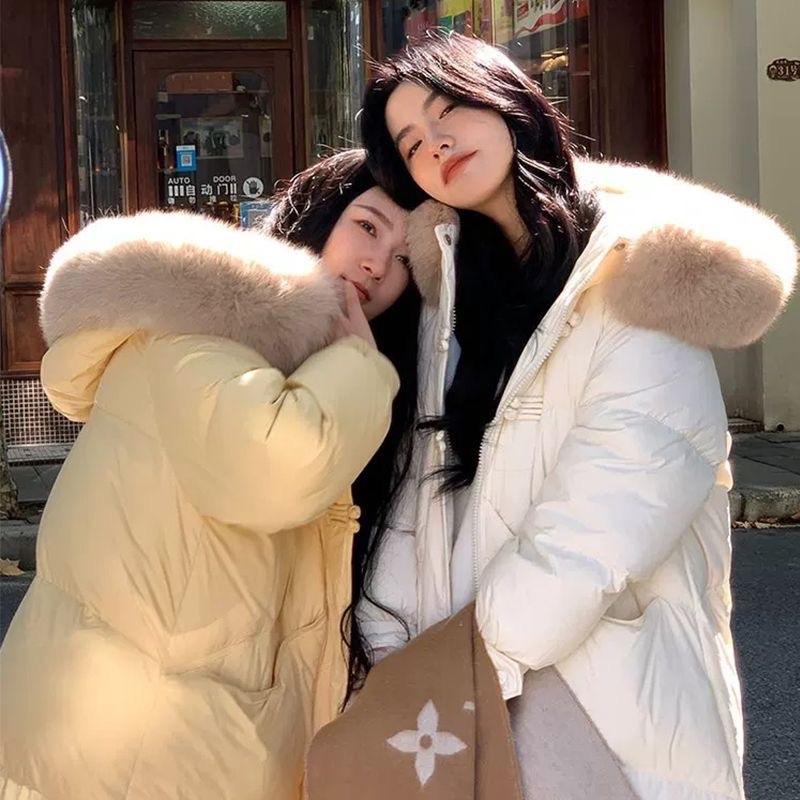 Áo Phao siêu nhẹ lông nhân tạo dáng dài cổ lông chồn trắng kem QCCC Nữ