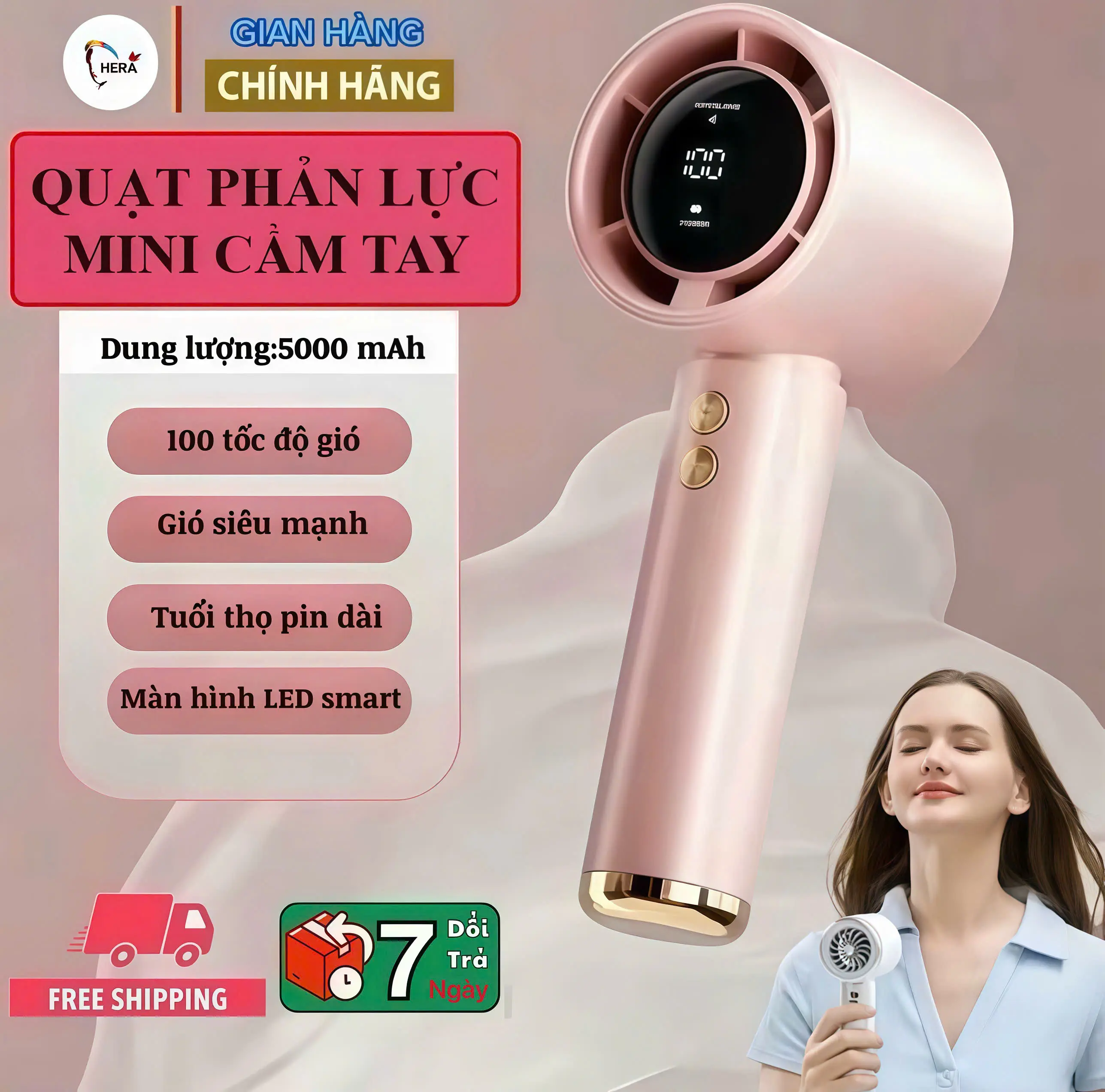 [AnhHera] Quạt mini Turbo pin di động có thể sạc gió mạnh 100 tốc độ turbo phản lực màn hình có hiển thị pin thông số kỹ thuât
