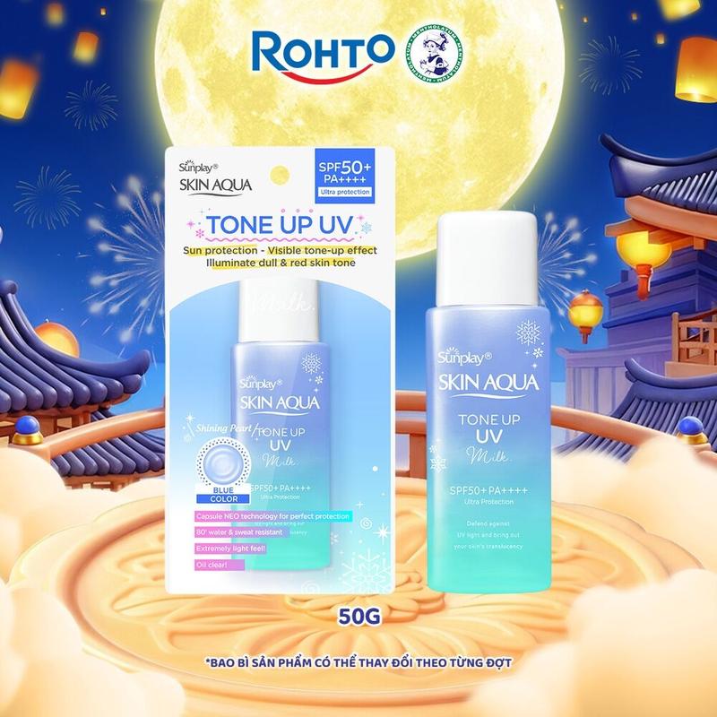 Kem chống nắng nâng tông cho da vàng, khuyết điểm đỏ, dạng sữa Sunplay Skin Aqua Tone Up UV Milk Blue SPF 50+ PA++++ 50g