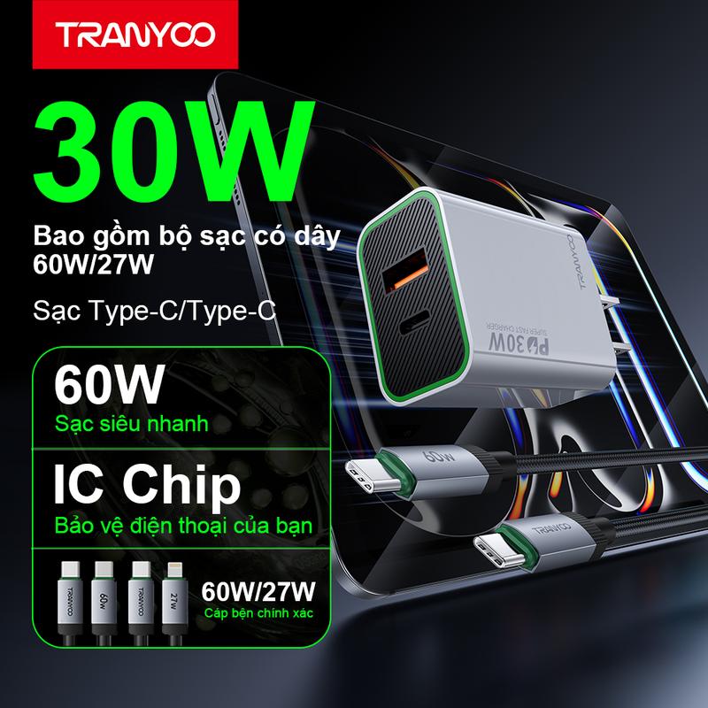 Bộ Sạc Nhanh 30W 2 Cổng USB, Type-C US13 Chính Hãng Tranyoo Cho Điện Thoại -…