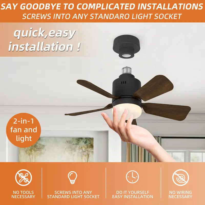45cm Socket Fan Light, LED Ceiling Fans with Lights and Remote, 3 Colors Dimmable, 4 Speeds Adjustable, E27 Compatible Ceiling Fan for Bedroom Home Office Dining Room Garage, 5 Blades 7