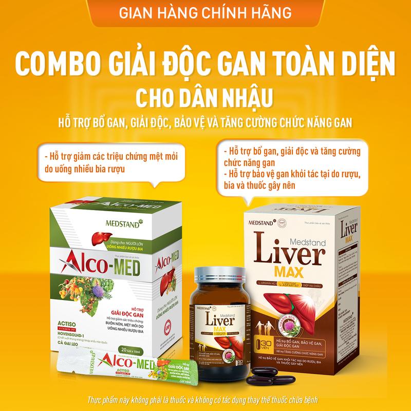 Combo hỗ trợ giải độc gan toàn diện: 1 hộp viên uống Liver max + 1 hộp giải rượu Alco Med