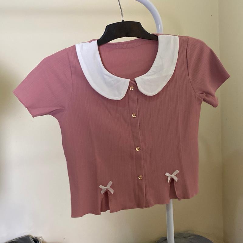 Aster croptop kerah collar kancing variasi pita aktif Nyaman Casual Atasan Pendek Wanita kerah bulat formal katun slit kancing gold Fit 5