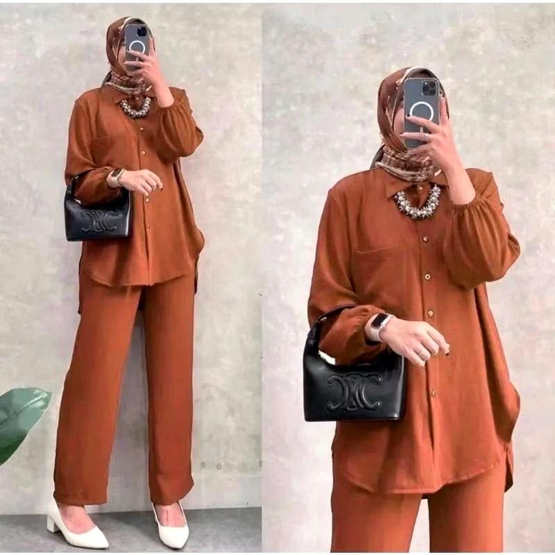One Set Cargo Crinkle Airflow | Setelan Langan Panjang Celana Cargo Terbaru | Best Seller Kekinian Atasan dan Bawahan Ternyaman | One Set Korean Style All Size Fit To XL | terbaru Variasi Kulot Dewasa Tunik Baju Kancing Loose Linen 7