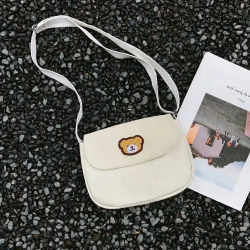 Twenty Bag - Tas Selempang Mini Anak Wanita Pria Terbaru Kekinian Motif Carakter BERUANG TUTUP BORDIR Fashion Korean Style Murah Bahan Canvas Tebal 5