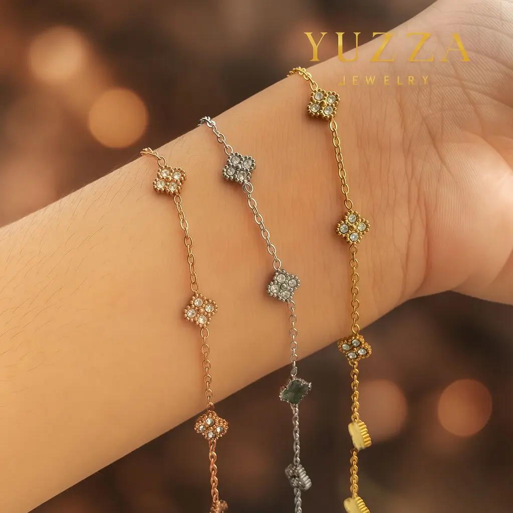 Yuzza Jewelry Gelang Tangan Titanium Wanita Bunga Permata Mewah Elegan Korean Style Aksesoris Fashion Terlaris
