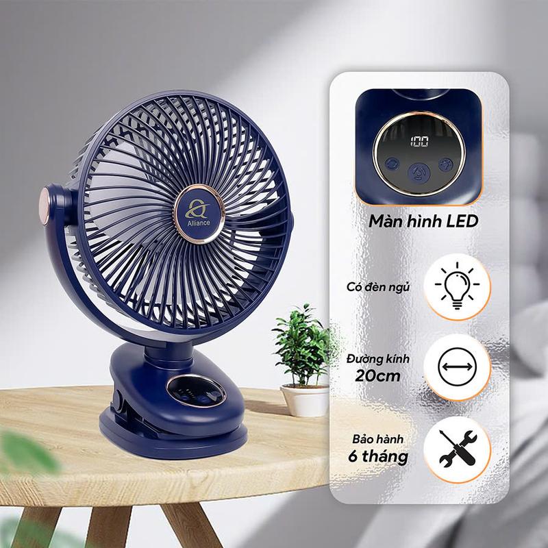 【 Alliance 【 KHÔNG TỰ XOAY Quạt Kẹp Tích Điện Q8 ,Kích Thước Lớn Lồng Quạt 20cm Có Chế Độ Đèn LED Và Hiển Thị Phần Trăm Pin