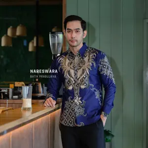 NARESWARA Kemeja Baju Batik Pria Slimfit Motif Modern Mewah Lengan Panjang Full Furing Kain Katun Halus Lembut Premium Biru Navy