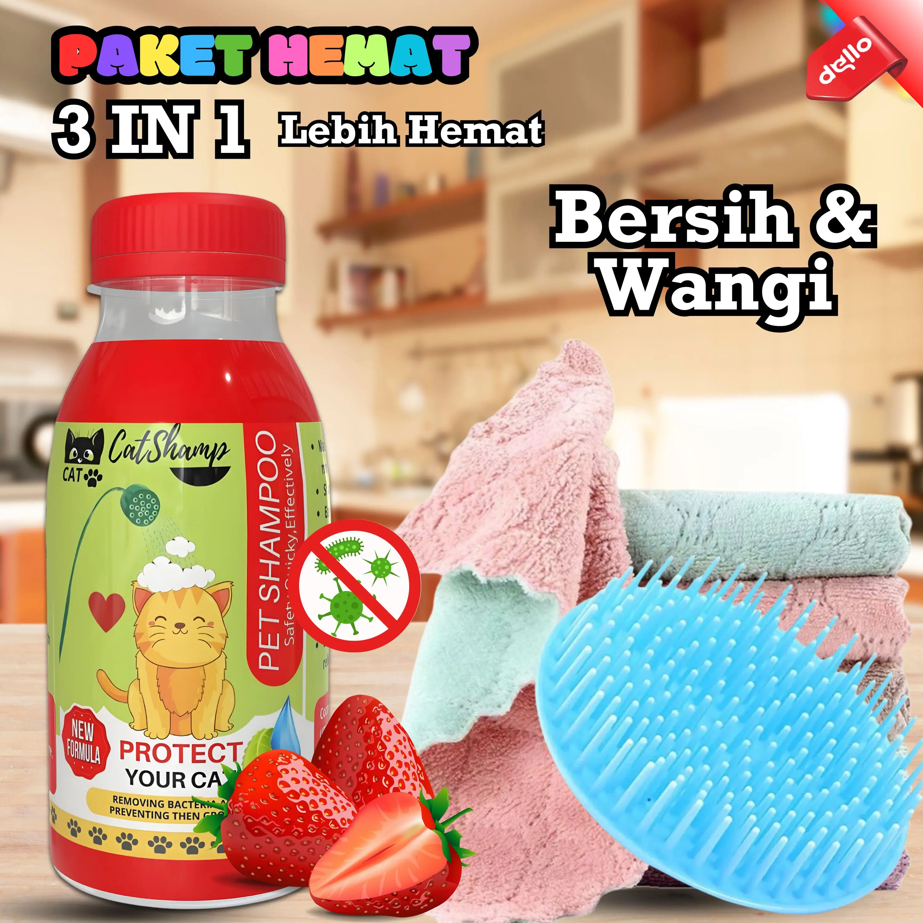 Paket Grooming Kucing Sisir Mandi Handuk Sikat Pijat Pembersih Bulu Shampoo Catshamp 80ml Praktis Hemat Murah DELLO