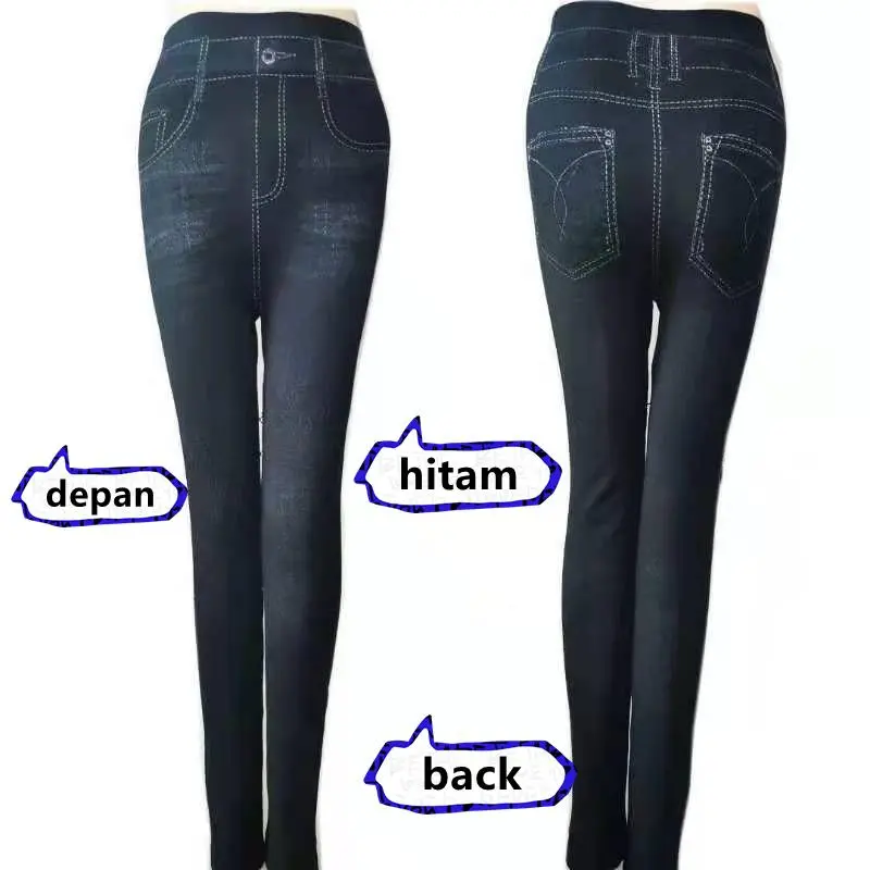 Legging jeans faux kasual elastis tinggi peregangan legging olahraga biru motif nyaman  wanita  celana Panjang