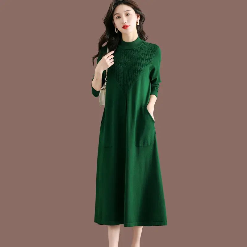Váy Dệt Kim, Dài Trung Bình Dưới Đầu Gối, Dáng Rộng Vừa Vặn, Thời Trang, Thường Ngày, Áo Len Bột Mềm, Có Áo Khoác Bên Trong, Dành Cho Nữ, Mùa Thu Và Mùa Đông
