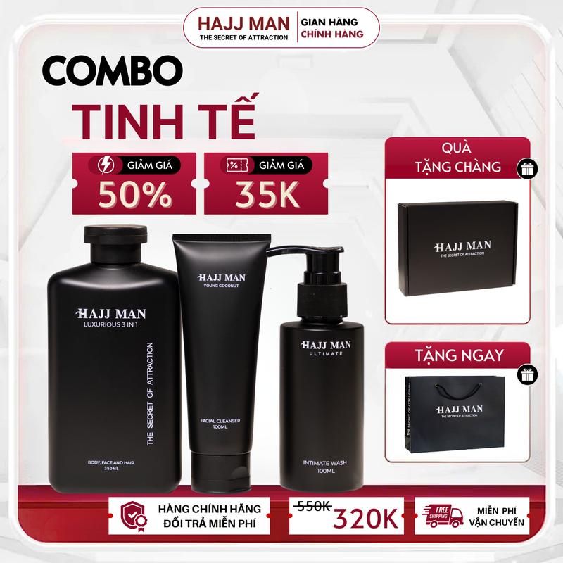 Combo Tinh Tế - Sữa tắm gội 3 in 1 HAJJ MAN 350ml & Sữa rửa mặt 100ml & Dung dịch vệ sinh 100ml hương nước hoa cao cấp Dưỡng Body