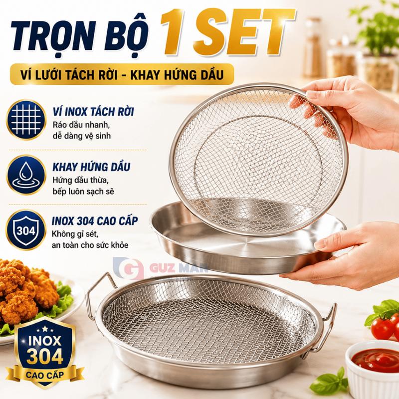 [DEAL SHOCK 20CM] Set Khay kèm Vỉ Lưới Lọc Dầu Size 20 cm Chất Liệu Inox 304 Cao Cấp, Dùng Đựng Thực Phẩm, Thức Ăn Chiên Rán Đa Năng