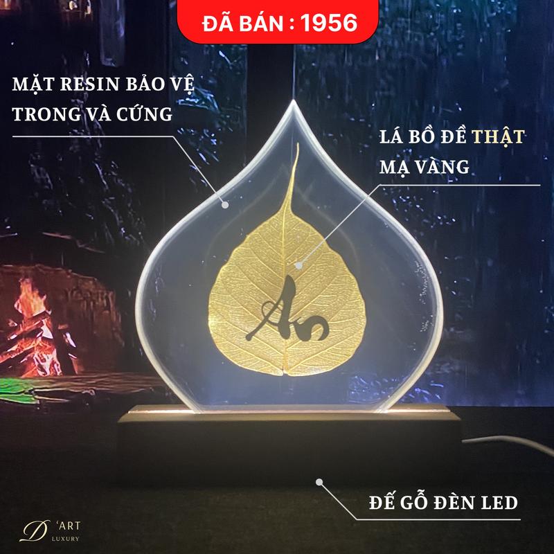 Đèn Decor - Lá Bồ Đề  Mạ Vàng [Lá Thật 100%]  Và Chữ Thư Pháp - Phong Thủy - May Mắn, Chiêu Tài Lộc. Decor Phòng, Trang Trí Nhà.