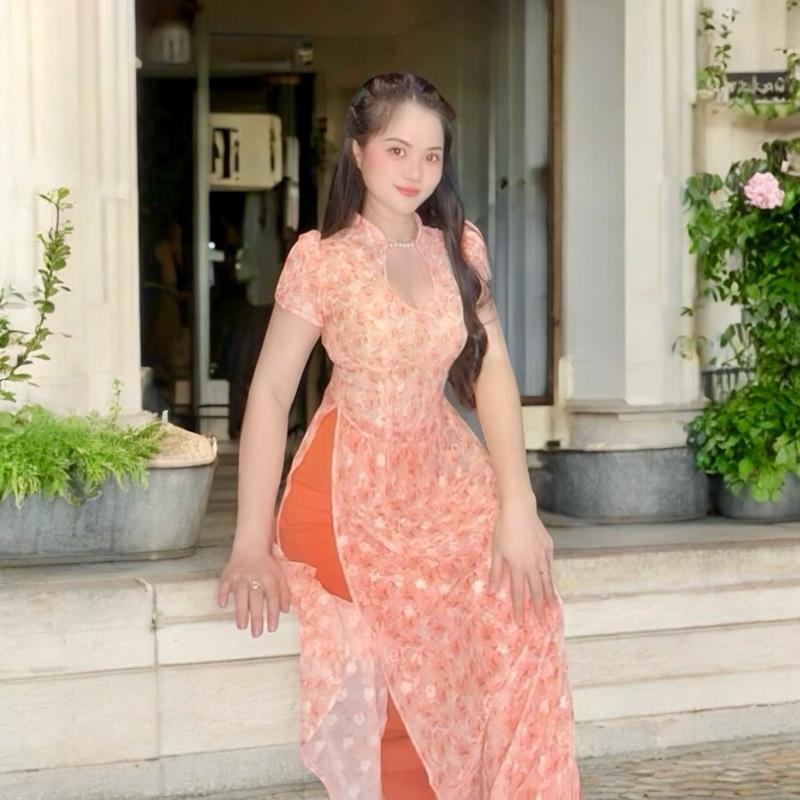  Bộ Áo Dài Von Tơ Hàn Quốc Hoa Ép Cổ Tim Kết Ngọc tay cánh tiên kèm quần lụa Tằm Ý sang trọng  VẢI MỎNG   