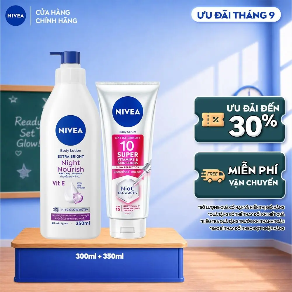 Bộ Đôi Tinh chất Dưỡng Thể Nivea 10 Super Vitamins Sáng Da Mờ Thâm & Đốm Nâu (300ml) & Sữa Dưỡng Thể NIVEA Dưỡng Sáng Mịn Da Ban Đêm (350ml) - 93824+98412