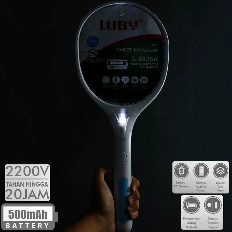 KS Raket nyamuk LUBY 3826A / 3825A rechargeable tahan 20 jam + lampu indikator LED random 3