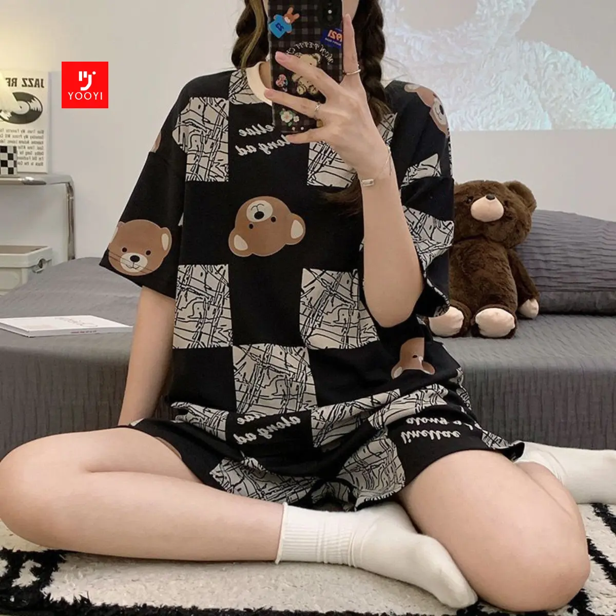 Yooyi Baju Tidur Wanita [PROMO] HP Piyama Lengan Pendek Celana Pendek Setelan Tidur Hotpants Fit Dewasa Loose 004