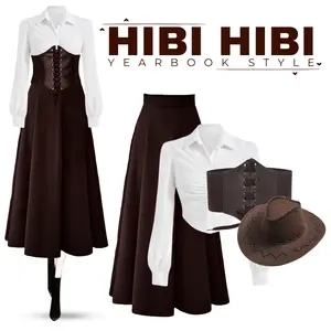 Yearbook Tema Cowgirl Set 4in1 Kekinian Rok Joda Coklat Tua + Kemeja Putih + Belt Coklat + Topi FC066