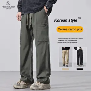 SUYX Celana Cargo Pria Panjang Korean Style Loose Pants Oversize Fashion Unisex Celana Training Hitam Casual Big Kantong Straight Pants