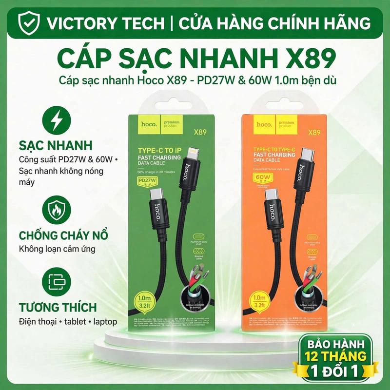 Cáp Sạc Nhanh, Dây Sạc Nhanh Hoco X89 Plus PD 27W/ Dây sạc nhanh Hoco X89 PD 60W Cáp Sạc Type C Cho iPhone 11 12 13 14 15 16 17 18 Pro Max Samsung Oppo Cáp Sạc điện thoại