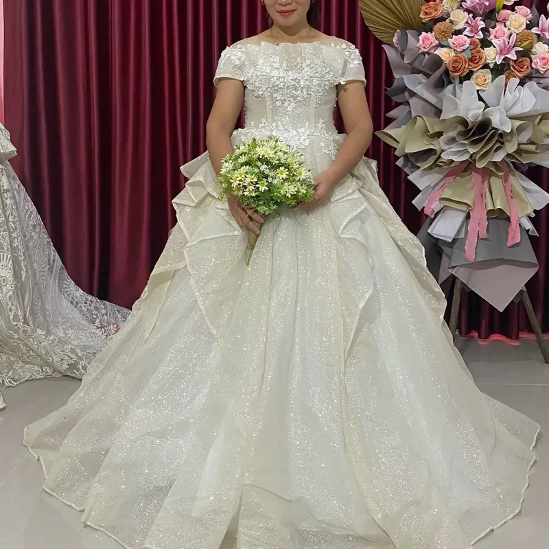 Gaun Pengantin Off Shoulder Warna Off White - Dress, Putih, Mewah, Wanita, Pesta