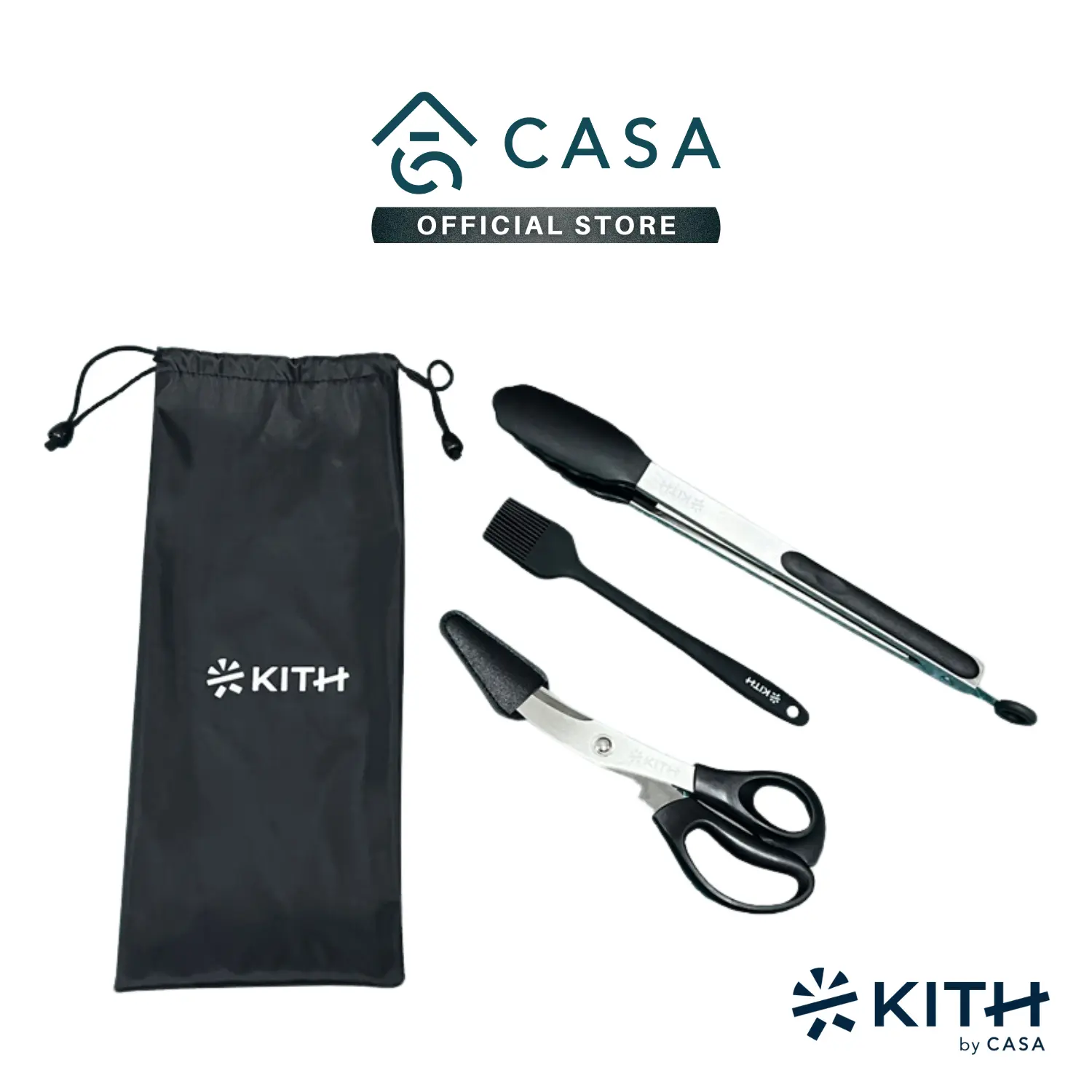 KITH 3-Piece BBQ Accessories (BBQ 3PC SET) | Safe for Non-stick Grill Pans/Fying Pans | 12" Tongs, Curved Scissors, Silicone BBQ Brush & Storage Bag