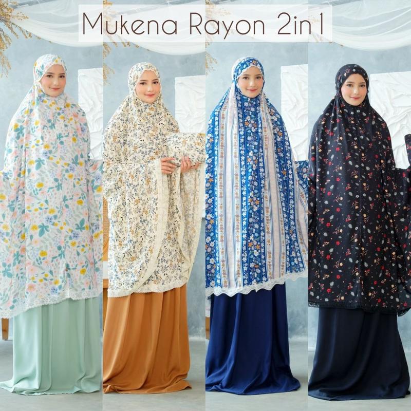 Mukena Rayon Premium Model 2in1 Ramadhan 2025 Bunga Katun Motif Dewasa Traveling Muslimah - Sajadah & Pouch Cantik - Panjang, Bawahan, Atasan 1