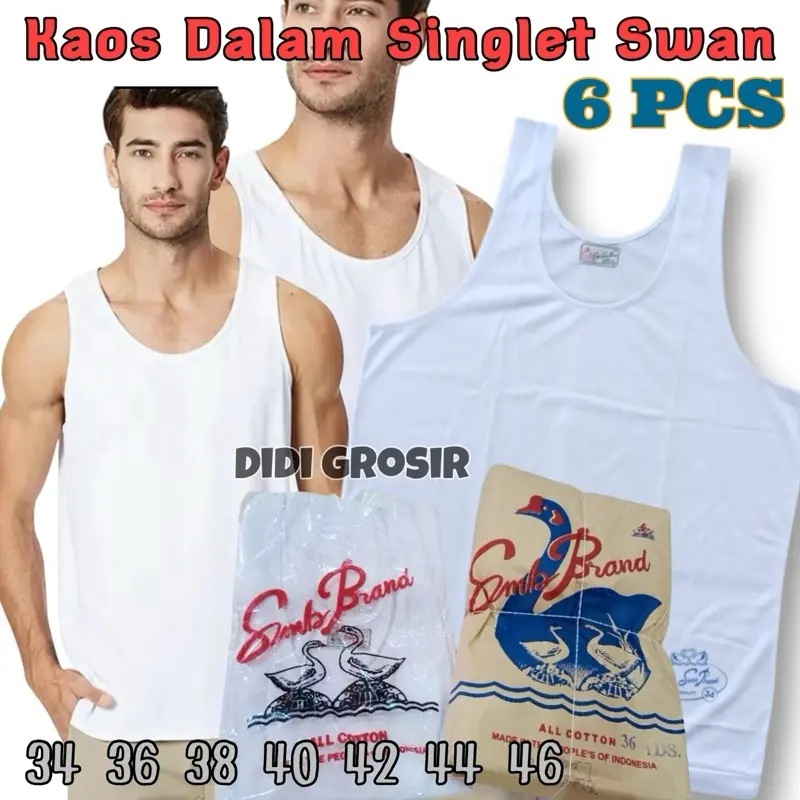 6pcs Kaos dalam singlet swan pria dewasa putih polos katun cowok Oblong baju