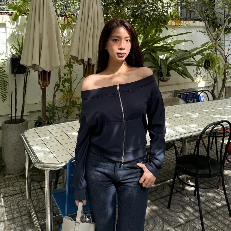 Áo Khoác Nỉ Trễ Vai Kiểu Nữ Dáng Hở Vai Có Khoá Kéo Mùa Thu Đông Kimee - KA638