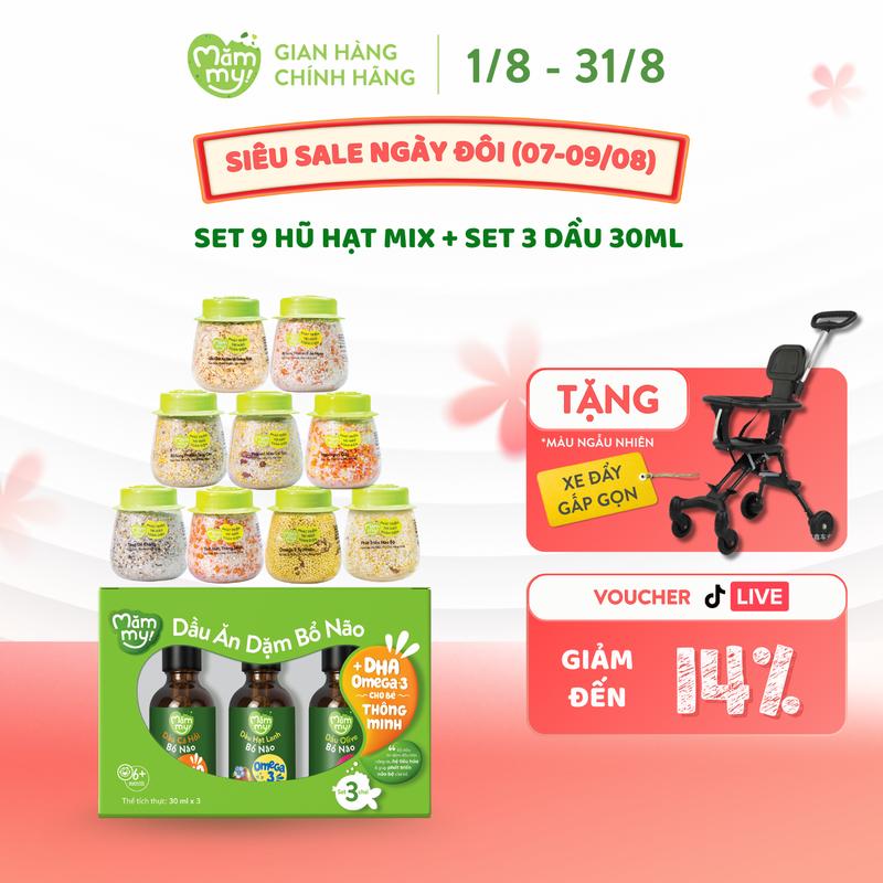 Combo Ăn Dặm MĂMMY: Set 9 Hạt Mix, 3 Dầu Ăn Dặm MĂMMY 30ml (Cá Hồi, Hạt Lanh, Olive) Cho Bé Từ 6 Tháng [XDGG]