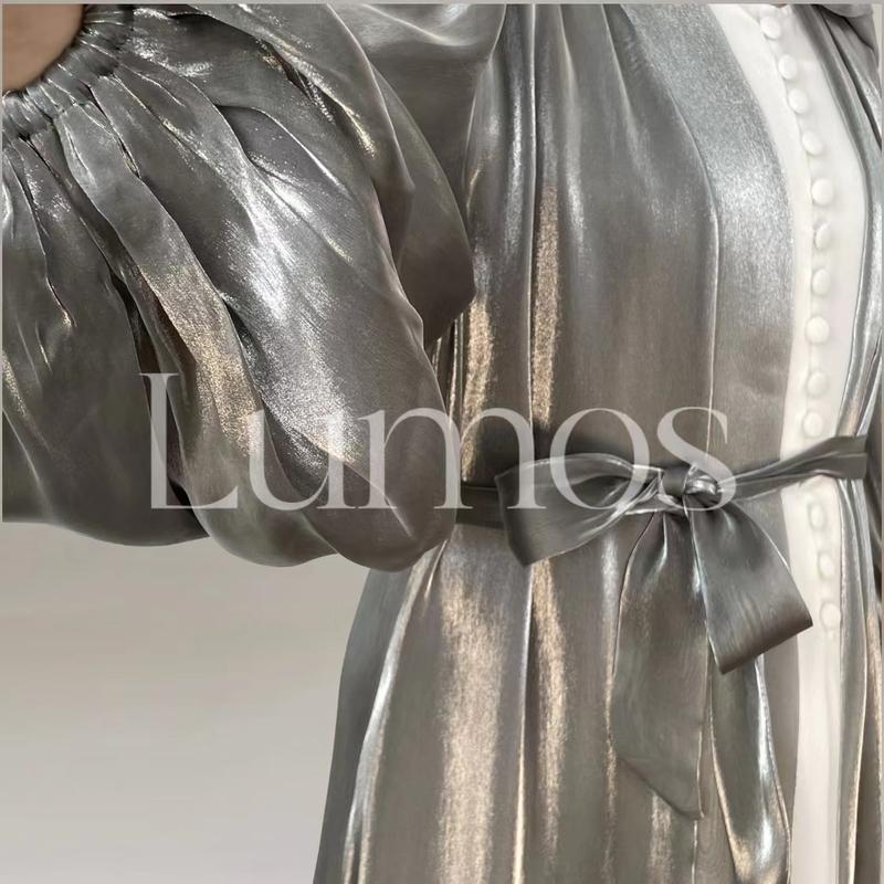 Product Introduction of LM005 Ramadan Eid Shiny Satin Open Abaya No Inner  Cardigan With Bubble Balloon Sleeves Jilbab Muslim Dress 4