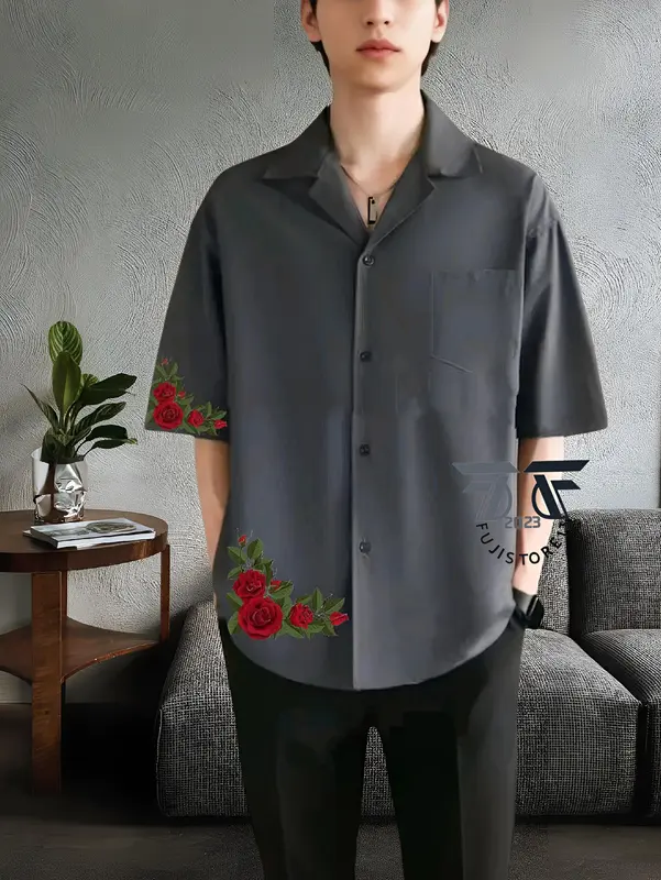 Kemeja Vintage Pria Lengan Pendek Polos Motif Hawai Roses Korean Style Bahan Katun - Kemeja Kerah Piyama 1