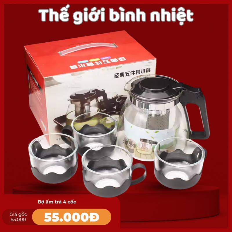 Bộ ấm trà thuỷ tinh có lọc inox ấm trà thuỷ tinh có lọc kèm 4 tách uống trà đẹp mắt