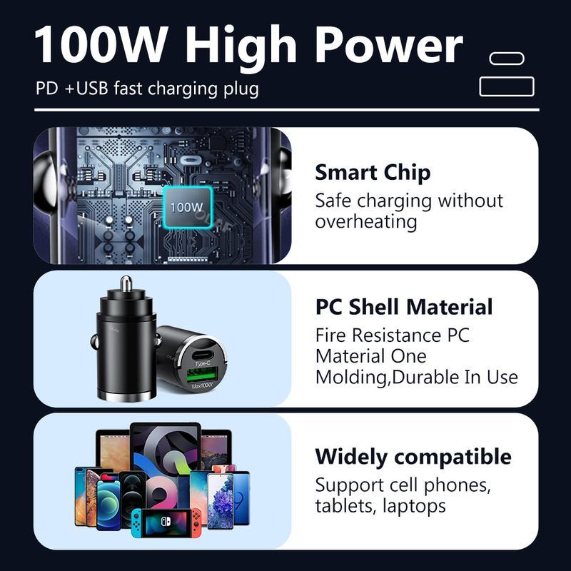 Bộ sạc ô tô USB Type C, 100W, Sạc nhanh, QC3.0 và PD, Bộ Chuyển Đổi sạc điện thoại trên ô tô, Tương thích với iPhone, Samsung, Huawei, Xiaomi 5