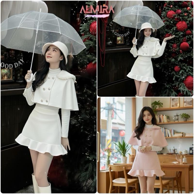   Tặng Kèm Áo Giữ Nhiệt  Sét Váy Dạ Cổ Lông Gồm Áo Choàng Dạ + Chân Váy Ngắn Đuôi Cá Chất Dạ Ép 
