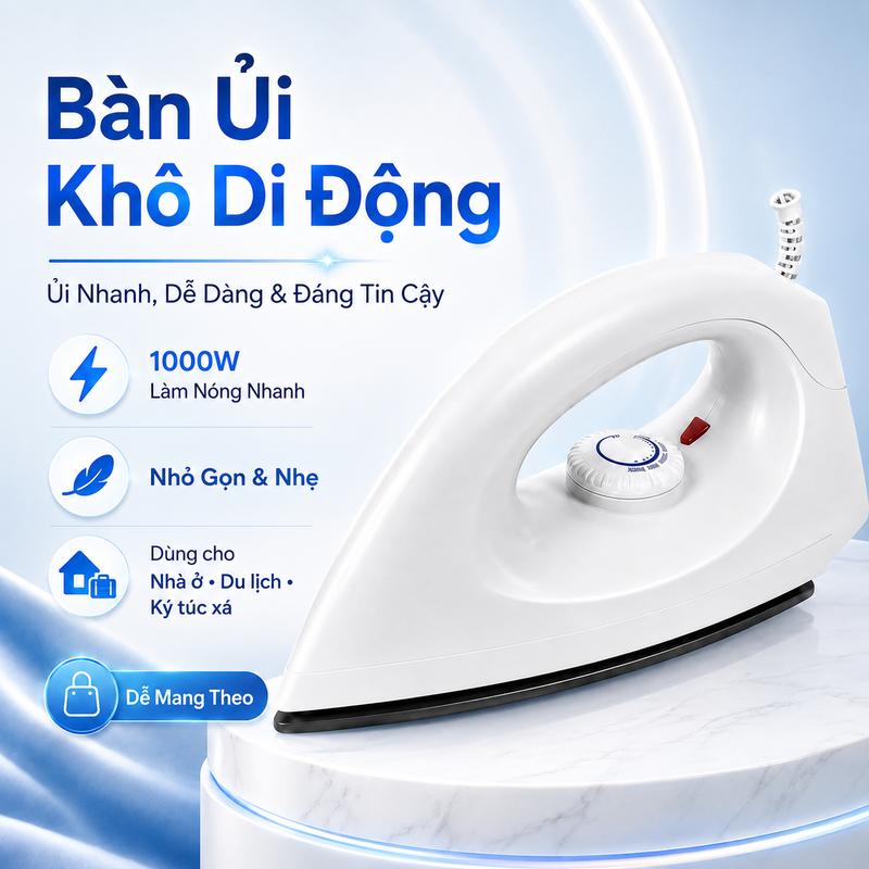 Bàn ủi khô chống dính 1000W với chức năng tự động tắt nguồn và điều khiển nhiệt độ, thiết kế cầm tay - dùng để ủi quần áo.