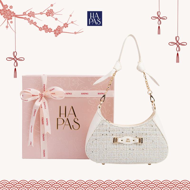   BST TWEED NO.2  Túi Xách Nữ Mavie HAPAS Dạ Tweed Hobo Quai Nơ Size 24 - TDV25099 Túi Đeo Vai Sang Trọng 