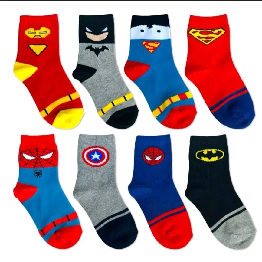 Paket 3-6 Pasang Kaos Kaki Anak TK Motif Super Hero Bahan Katun Lembut Elastis Menyerap Keringat Kenyamanan Maksimal untuk Anak SD Cowok Desain Unik Praktis