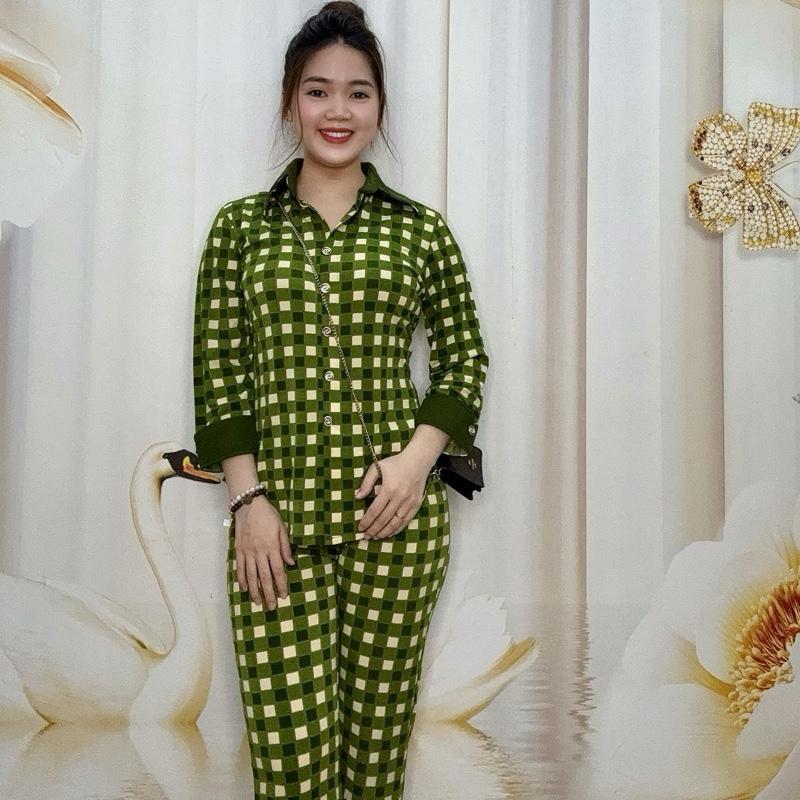 A79 Đồ bộ sơ mi ống bass hoạ tiết caro thun tơ hoa thương hiệu Hải Sơn