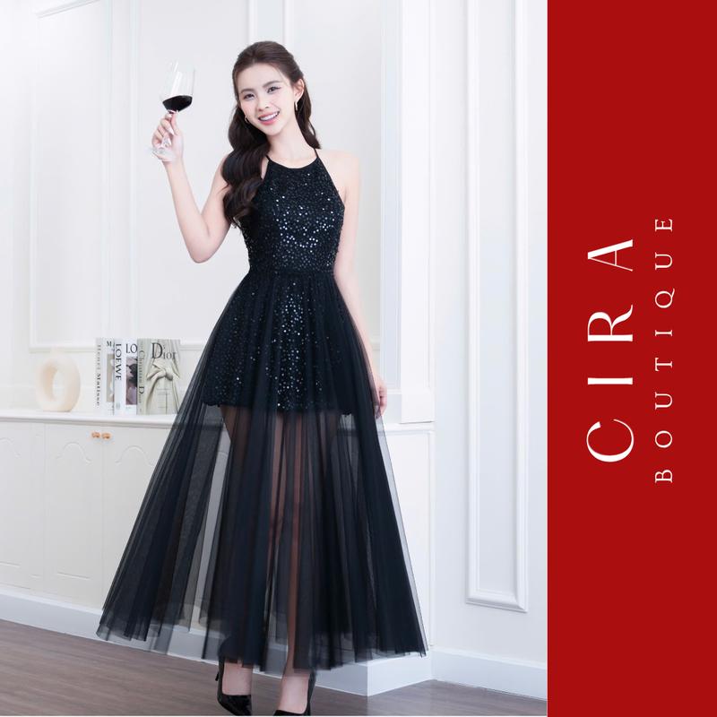  Cira Boutique Đầm Dự Tiệc Dáng Dài Cổ Yếm Vải Ren Kim Sa Phối Lưới Phong Cách Đi Tiệc & Hẹn Hò D1382 