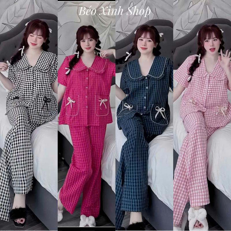 Đồ Bộ - Đồ Ngủ Tay Ngắn Quần Dài Vải Vải xốp caro Tiểu thư Pijama Bigsize 50-100kg Bộ Ngủ Nữ Áo Ngủ Women Quần Ngủ - A.5439