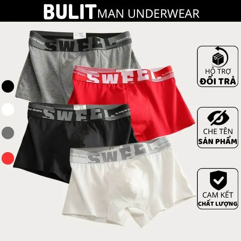 Quần lót nam boxer SWEEL cao cấp,combo 4 quần sịp đùi cotton thấm hút mồ hôi