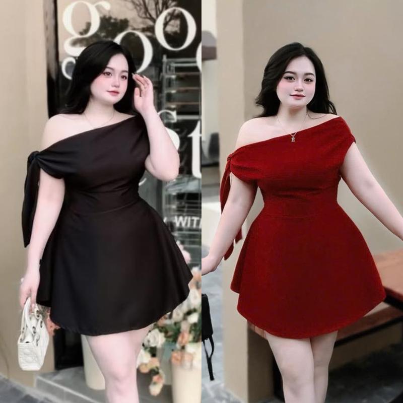 Váy Đầm Bigsize nista Lệch Vai Buộc Nơ 2 Lớp Kết Tà Chiết Eo Thanh Lịch Bigsize Từ 55 đến 90 Ký Nữ Women Dress Váy Thường Mặc Váy Dự Tiệc Voi Voan