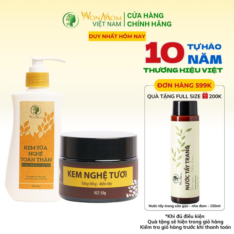 Combo 2 Món Từ Nghệ Dưỡng Da Body Làm Đẹp Da Nữ 430g Wonmom (1 Kem sữa nghệ toàn thân + 1 Kem nghệ tươi)