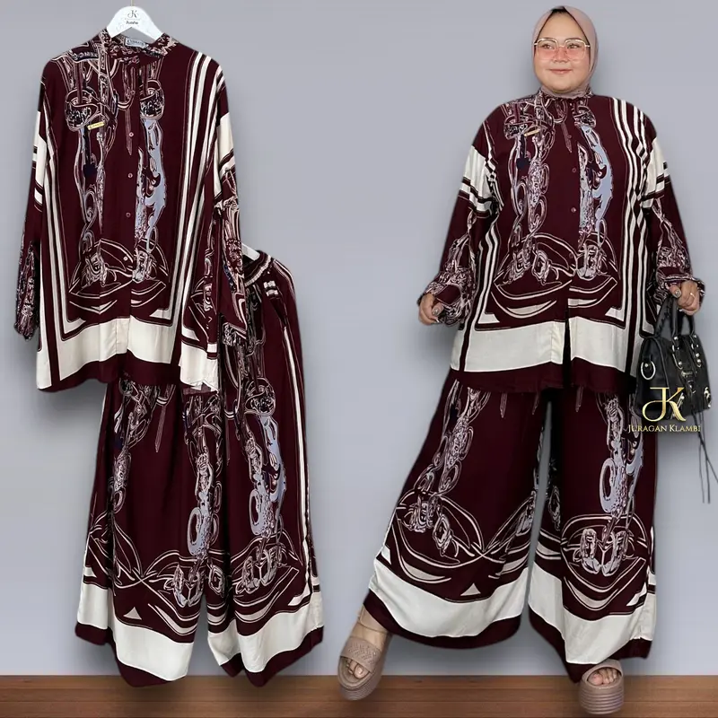 Setelan Celana Kulot Jumbo Motif LD 140 LD 160 Lingkar Pinggang 100-140 Estimasi BB 80-160KG Oversize Jumbo Rayon Viscose Adem Kancing Busui Free Bros  Muslim Wanita | Juragan Klambi 1