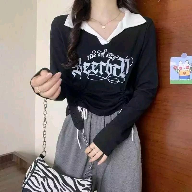 Kaos Longsleeve Serut RISE N SLAY Wanita Knit Rib (LD 88, P 40) Kasual 0