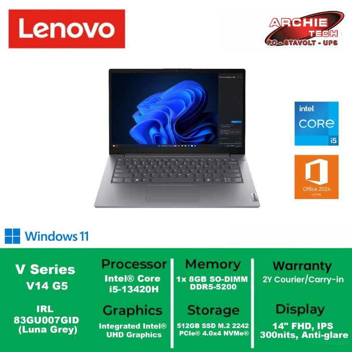 Jual LENOVO V14 G5 IRL 83GU007GID Core i5 13420H 8GB 512GB W11 OHS Luna ...