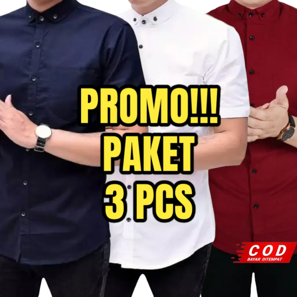 PAKET 3 PCS KEMEJA PRIA POLOS LENGAN PENDEK SLIMFIT KATUN PREMIUM